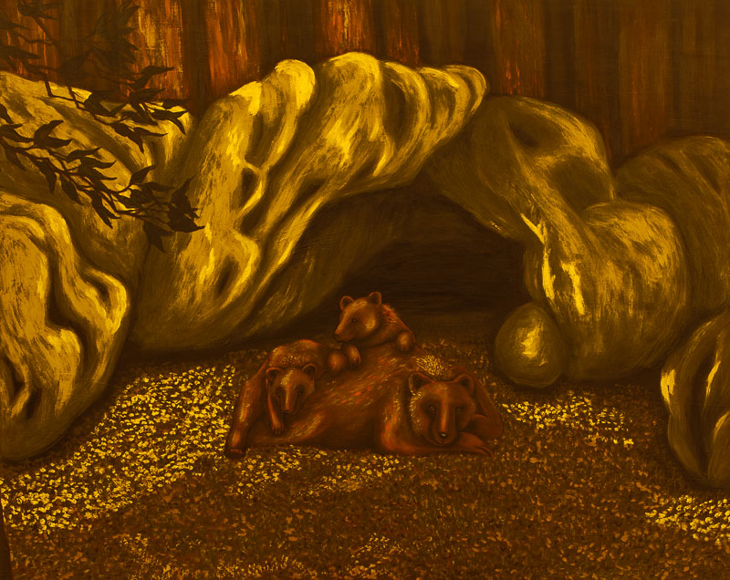 Farbtherapie Acrylbild - Darstellung zeigt Bärenmutter mit zwei Jungtieren vor einem Höhleneingang. Braun- und Gold-farbtöne.