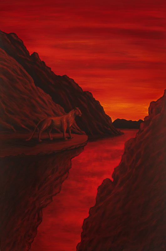 Farbtherapie Acrylbild - Darstellung zeigt Bergketten von einem roten Fluss durchzogen und einen rotehn Horizont. Eine einzelne Berglöwin steht selbstbewusst auf einem Felsvorsprung. 