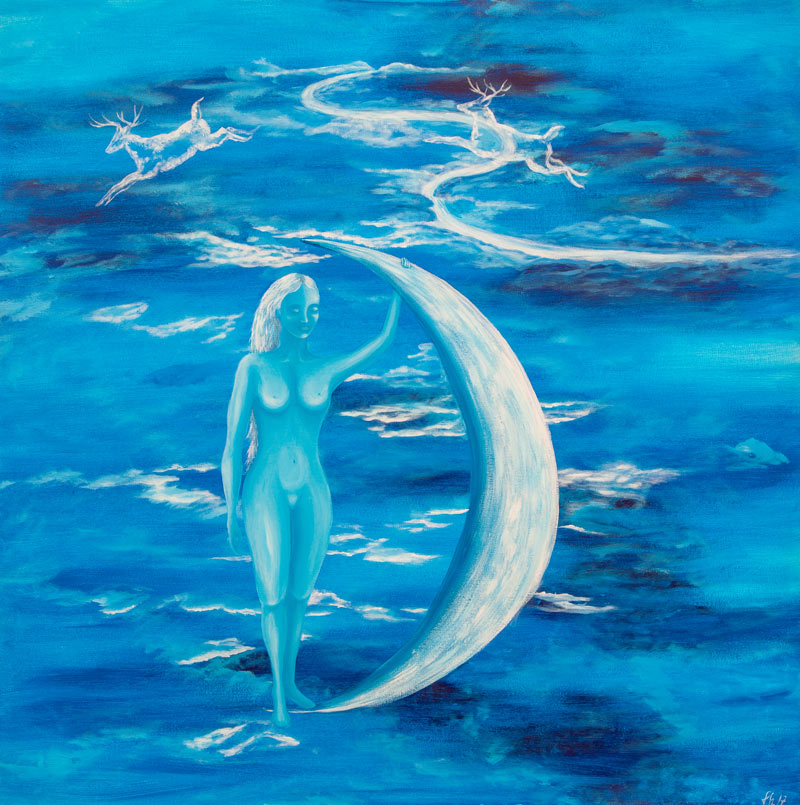 Farbtherapie - Darstellung zeigt nackte Frau neben Mondsichel. Alles in Blautönen.