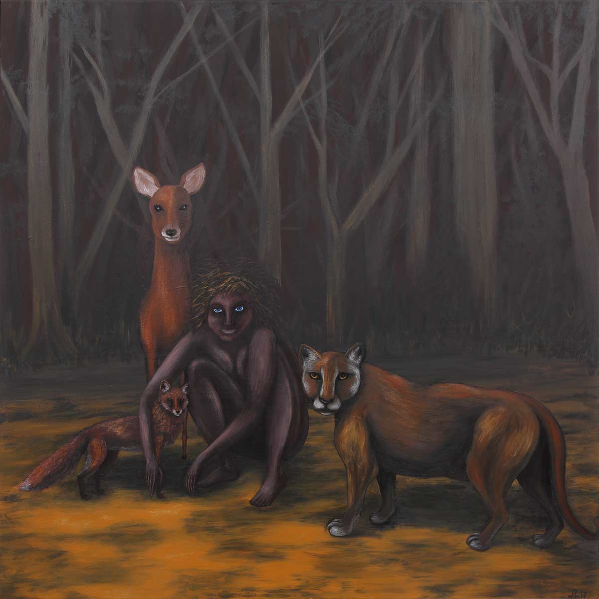 Farbtherapie Acrylmalerei - Darstellung zeigt Frau auf dem Waldboden hockend, umgeben von Reh, Fuchs und Löwin. 