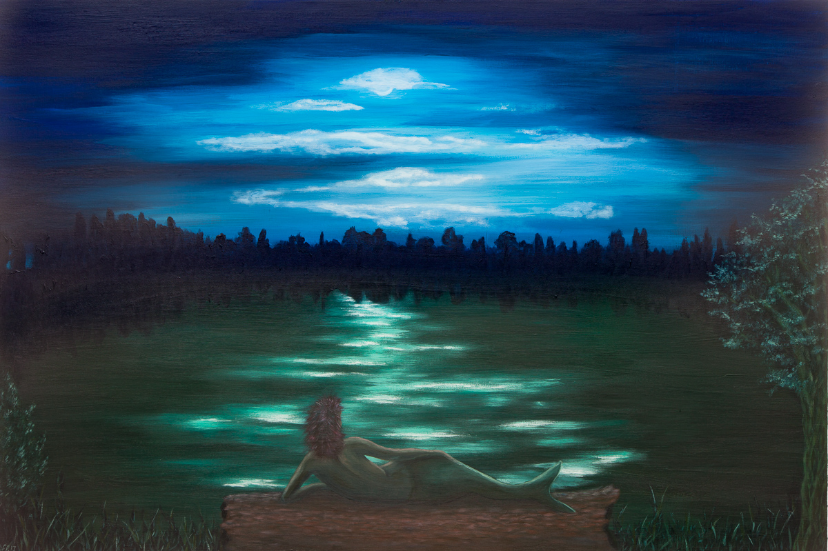 Darstellung zeigt eine Nixe liegend auf einem Baumstamm, den Blick auf den grünen See gerichtet. Wald und Himmel umranden den See. Es ist Nacht und nur wenig Licht fällt auf den See und die Nixe.