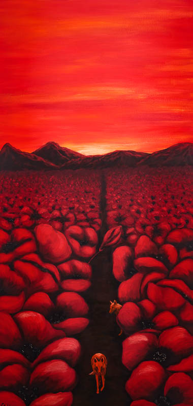 Farbtherapie Acrylmalerei - Darstellung zeigt ein rotes Mohnfeld. Ein Weg führt durch das Mohnfeld zu einer Bergkette und dahinter geht die Sonne unter. Hunde spielen im Vordergrund des Mohnfeldes.