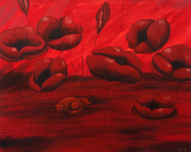 Farbtherapie - Darstellung zeigt rote Fantasie-Mohnblüten, die vor hellrotem Hintergrund schweben. Zwei Hunde schlafen zusammengerollt am Boden. Alles in Rottönen.