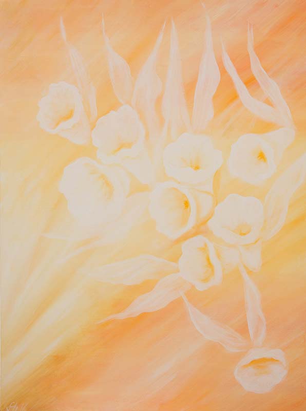 Farbtherapie Acrylmalerei zeigt weiße Engelslilien vor apricotfarbenem Hintergrund.