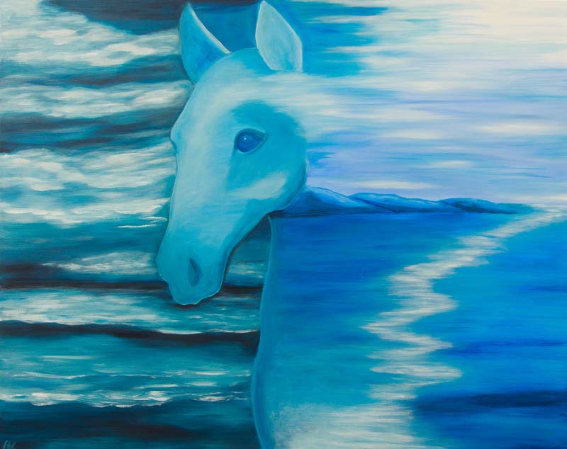 Farbtherapie Acrylbild - Darstellung zeigt Pferdekopf, der von einem Meer aus Wolken und Wellen umgeben ist.