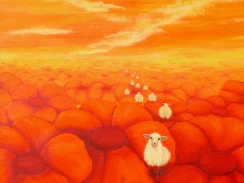 Farbtherapie - Darstellung zeigt kleine Schafherde, die über ein Meer aus orange-roten Mohnblüten auf den sonnengelben Horizont zuwandert.