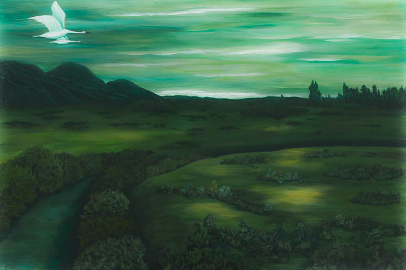 Farbtherapie Acrylgemälde zeigt grüne Landschaft. Am Himmel fliegen zwei weiße Schwäne.