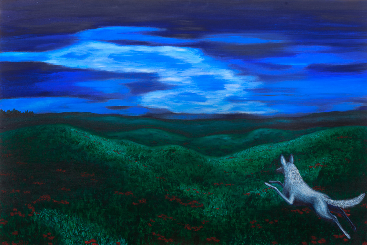Darstellung zeigt dunkelgrüne Hügel und Wiesen, einen dunkelblauen Himmel, der in der Mitte aufreißt und einen weißen Wolf, wie er mutig und energetisch auf die die Hügel zuspringt.